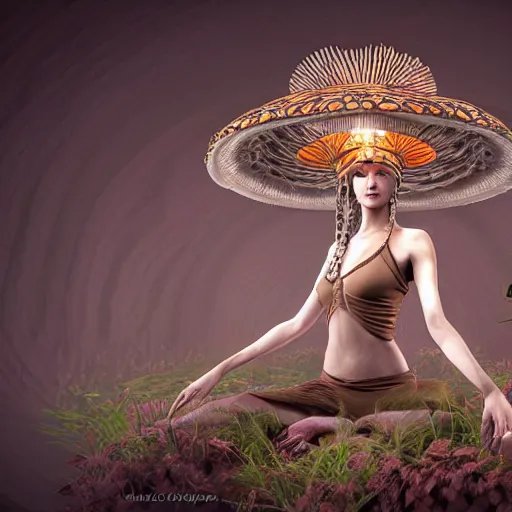 Image similar to mushroom goddess with extremely elegant headdress with group of elders in a ceremony for plant medicine, beautiful, marvelous designer, cloth physics, mocap, deviantart, yoshitaka amano, alex grey, black and white, beautiful lighting, photorealistic, concept art, perfect render, 3 d render, unreal engine, 8 k