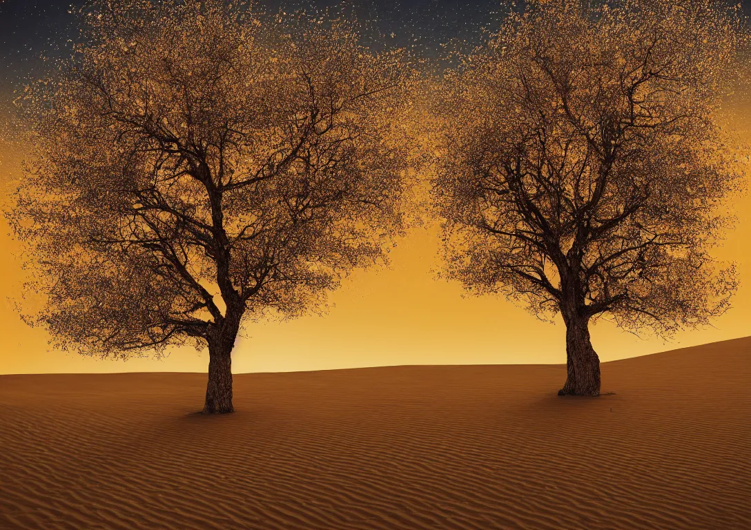 Image similar to a lonely golden tree in a dark desert, sand, gold, bright light, detailed photography, dennis velleneuve, vivid colors, ultra realistic, 8 k, photography