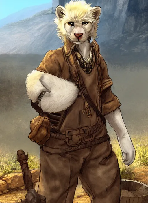 Image similar to character portrait of a anthro!!! albino mountain lion wearing miner's clothes at the mines. hidari, color page, tankoban, 4K, tone mapping, Akihiko Yoshida.