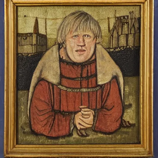 Prompt: boris johnson as a peasant from 1 2 th century england, exhibited in the british museum, oil on canvas, art, restored painting, 1 2 th century