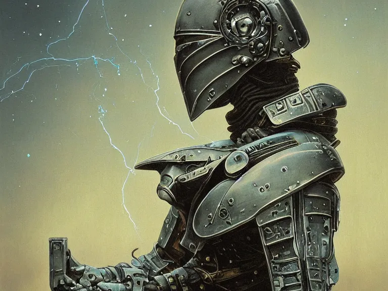 Image similar to a detailed profile painting of a bounty hunter in silver knight inspired armour and visor. cinematic sci-fi poster. Cloth and metal. Welding, fire, flames, samurai Flight suit, accurate anatomy portrait symmetrical and science fiction theme with lightning, aurora lighting clouds and stars. Clean and minimal design by beksinski carl spitzweg giger and tuomas korpi. baroque elements. baroque element. intricate artwork by caravaggio. Oil painting. Trending on artstation. 8k