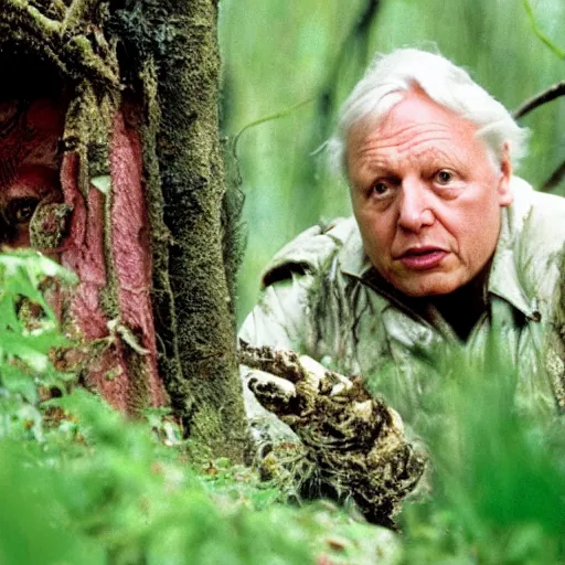 Prompt: cinematic still of sir david attenborough, covered in mud and watching a magnificent predator in the distance with a binocular in 1 9 8 7 movie predator hd, 4 k