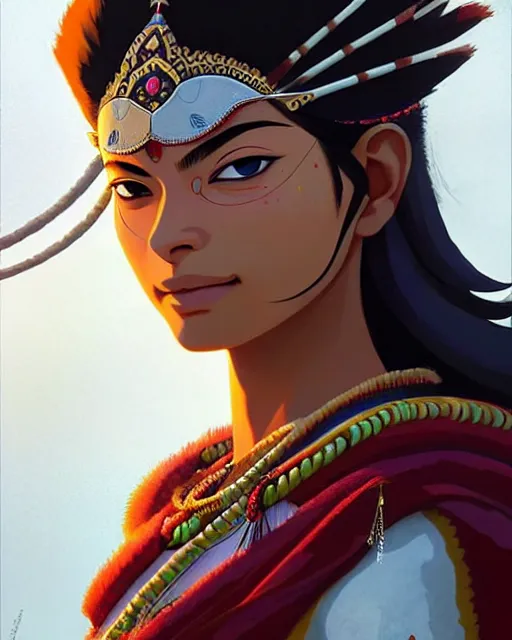 Image similar to indian warrior, doutzen kroes, detailed perfect face, exquisite details, septum piercing!!!!, wind magic, upper body, design on a white background, by studio muti, greg rutkowski makoto shinkai takashi takeuchi studio ghibli