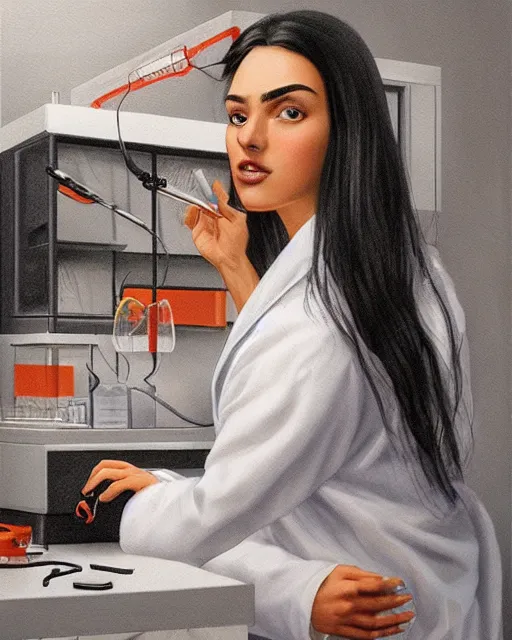 Prompt: portrait of a woman in a nanotech lab with black hair wearing a cozy labcoat, marcin blaszczak, michael whelan, artgerm, artstation