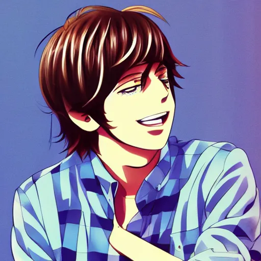 Image similar to anime illustration of young Paul McCartney from the Beatles, wearing a blue check shirt, long sideburns, on a yacht at sea, smiling at camera, ufotable