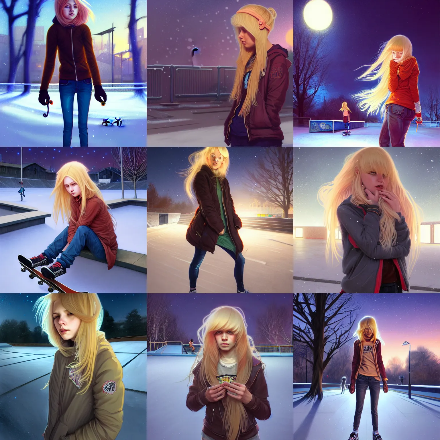 Prompt: blonde skatergirl with fringe hair in the skatepark during winter night. highly detailed, cinematic, smooth concept art, airbrush, by artgerm and greg rutkowski and alphonse mucha and simon stalenhag artstation