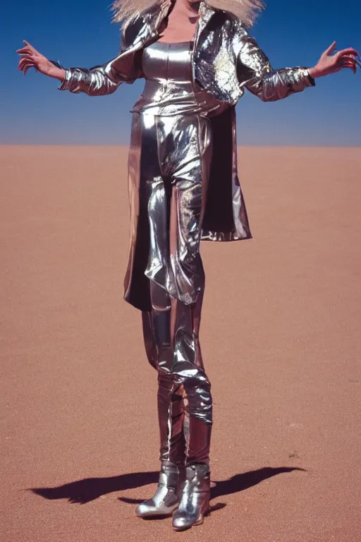 Image similar to portrait davis taylor brown dressed in 1 9 8 1 space fantasy fashion, new wave, shiny metal, standing in a desert