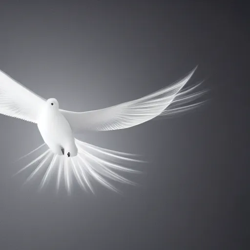 Prompt: A realistic render of a radiant white dove flying through a pitch black room, 4k