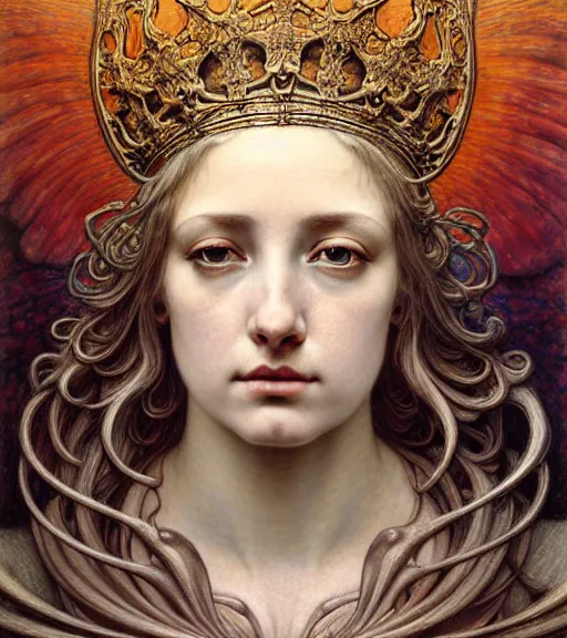 Image similar to detailed realistic beautiful young medieval queen of jupiter face portrait by jean delville, gustave dore and marco mazzoni, art nouveau, symbolist, visionary, gothic, pre - raphaelite. horizontal symmetry by zdzisław beksinski, iris van herpen, raymond swanland and alphonse mucha. highly detailed, hyper - real, beautiful