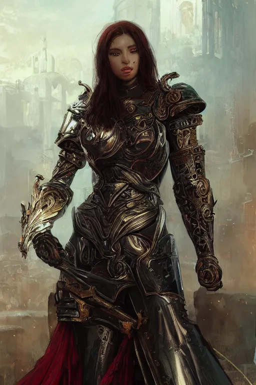 Image similar to portrait knights of Zodiac girl, metallic black and reddish reflected armor, in ruined Agora of Athens, ssci-fi, fantasy, intricate, very very beautiful, elegant, highly detailed, digital painting, artstation, concept art, smooth, sharp focus, illustration, art by tian zi and WLOP and alphonse mucha