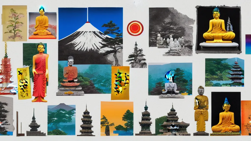 Prompt: an arrangement of buddhism traveller props, japan, a collage painting, in the style of wes anderson, lola dupre, david hockney, isolated on negative white space background dark monochrome neon spraypaint accents volumetric octane render