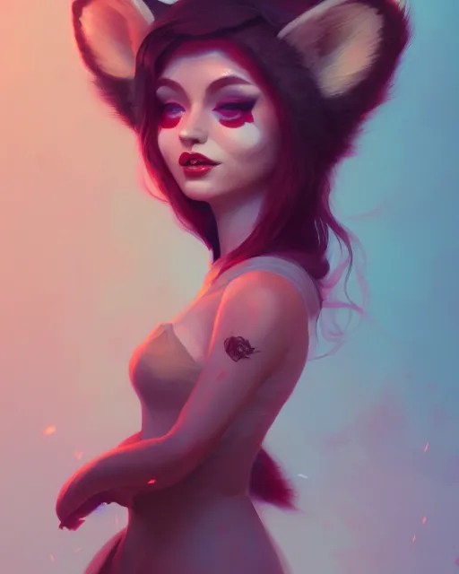 Image similar to a beautiful whimsical woman with ( red panda ) features, in professional makeup, fantasy, acidwave, dramatic lighting, digital art by lois van baarle, greg rutkowski, ( ilya kuvshinov ), highly detailed, muted colors, artstation