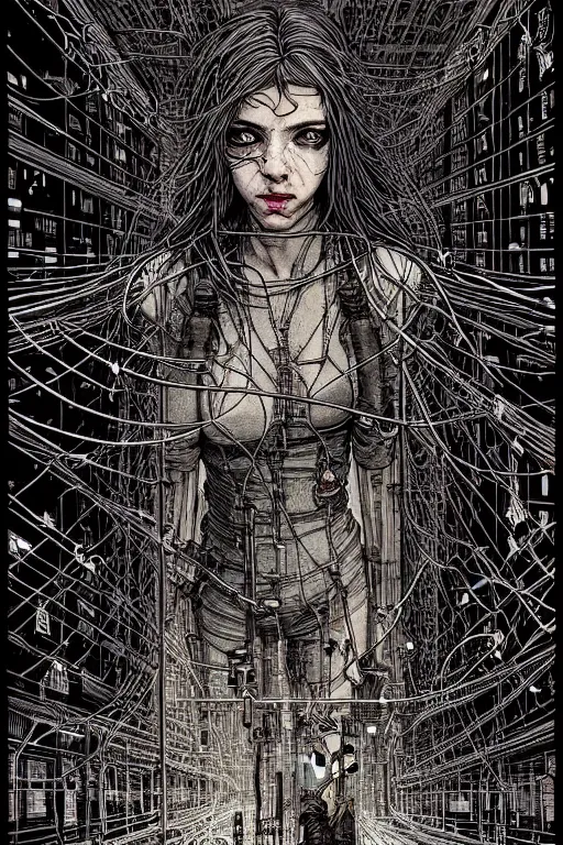 Prompt: dreamy cyberpunk girl, wires and electricity, beautiful, epic grunge, intricate complexity, by dan mumford and by alberto giacometti, arthur rackham