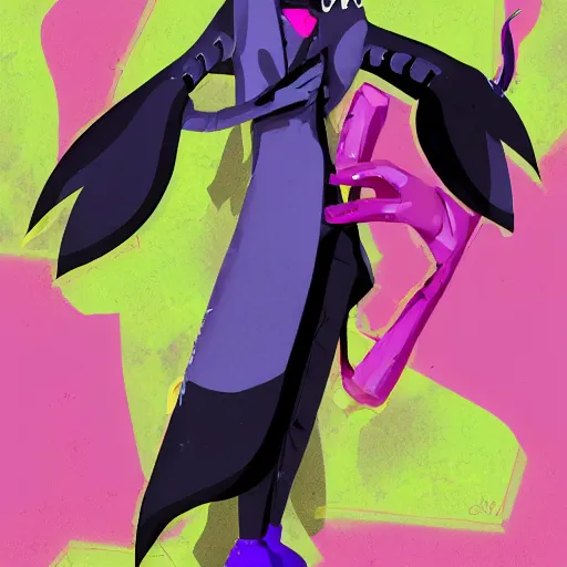 Image similar to character designs for a fashionable nonbinary icon wearing a large gothic manta ray cloak, sells empty spray paint cans as a scam and is always covered in paint, always acting delightedly shady, designed by splatoon nintendo, inspired by tim shafer psychonauts 2 by double fine, cgi, professional design, gaming