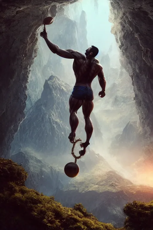 Image similar to a muscular man carrying the Earth on his back, big beard, bold, hyperrealistic, concept art, octane render, unreal engine 5, trending on Artstation, high quality, highly detailed, 8K, soft lighting, anatomically correct, five fingers, blue background, geometric, digital art, trending on DeviantArt, matte painting, fantasy style, dramatic lighting, cinematic