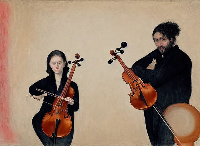 Image similar to portrait of two young nervous violin players getting ready to perform, half figure front, vincent lefevre and pat steir and hilma af klint, psychological, photorealistic, symmetrical faces, intriguing eyes, dripping paint, washy brush, rendered in octane, altermodern, masterpiece