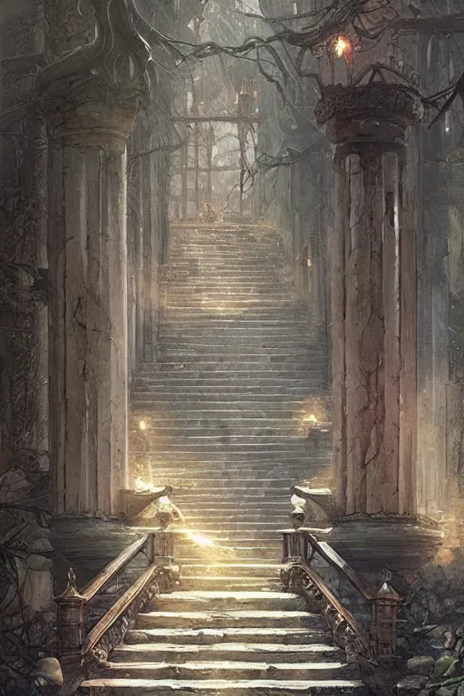 Image similar to fantasy steps with pillars on both sides by greg rutkowski