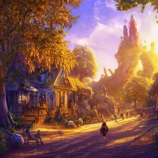 Prompt: a fantasy landscape with strange creatures walking the forest and fun buildings and streets, intricate street lamps and morning sunshine, realistic, painting, great lighting, golden hour, golden rule
