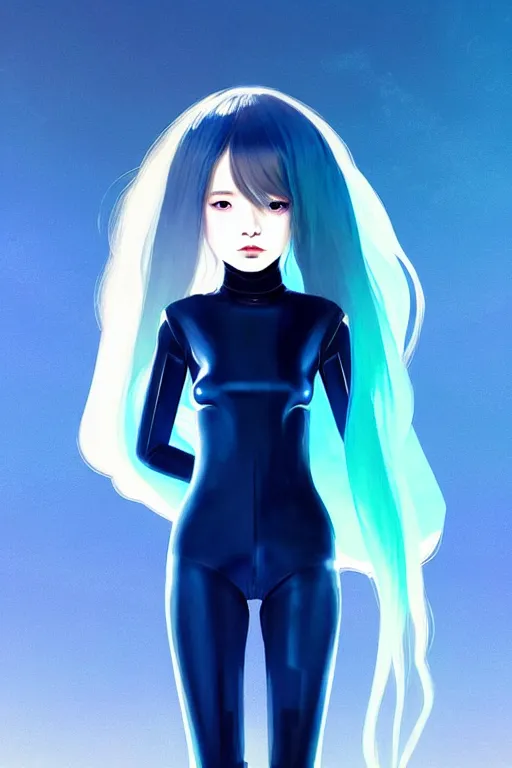 Image similar to perfect android girl family, full body character design, artgem, scifi, futuristic design, bae suzy, long white hair!!!, blue eyes, bold fashion and strong silhouettes, cinematic lighting, highly detailed, artstation, divine, by huifeng huang, beeple, goro fujita, smooth gradient.