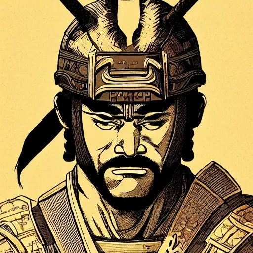 Prompt: a profile picture of powerful japanese samurai, detailed face, portrait, face symmetry, beast face, character concept portrait by moebius and laurie greasley, profile picture, 8 k, cinematic color grading