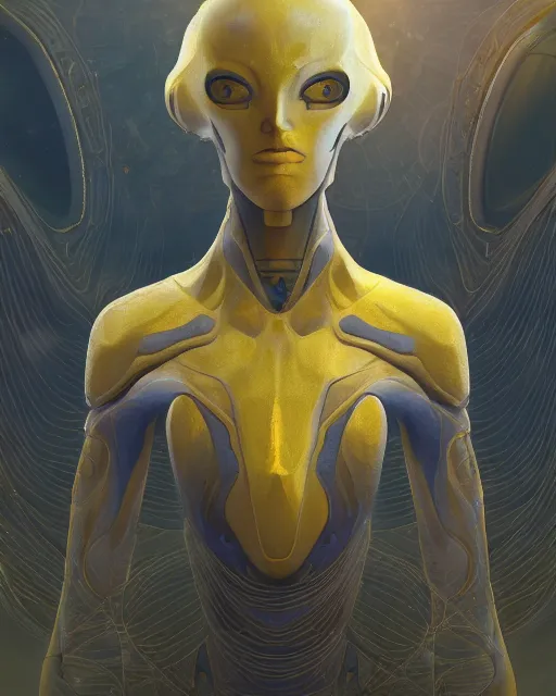 Prompt: an extremely detailed masterpiece 3 / 4 body shot of a pleiadean extraterrestrial with yellowish eyes and the muted technology of its'spaceship in background, in the style of sylvain sarrailh, one single continues line, unreal engine, detailed, elegant, intricate, trending on artstation, 4 k