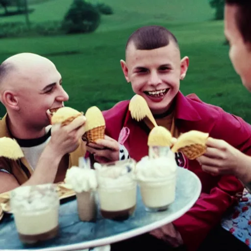 Prompt: skinheads with gently smiling eating ice cream, fashion photo by Barry Lyndon