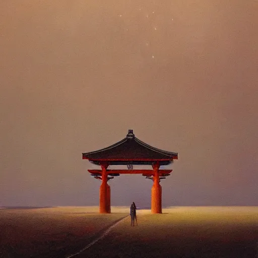 Prompt: A beautiful painting of A Torii over a plain by Zdzisław Beksiński and Ilya Repin,In style of Post-Apocalyptic.digital art, illustration,hyper detailed,smooth, sharp focus,trending on artstation,oil on the canvas,4k