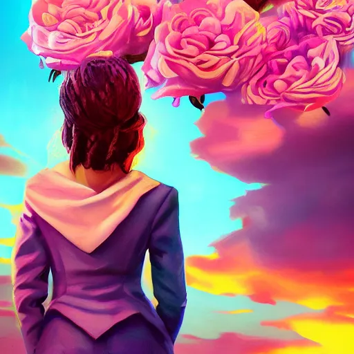 Image similar to closeup, giant rose flower on the head, frontal, girl in a suit, surreal photography, sunrise, blue sky, dramatic light, impressionist painting, digital painting, artstation, simon stalenhag