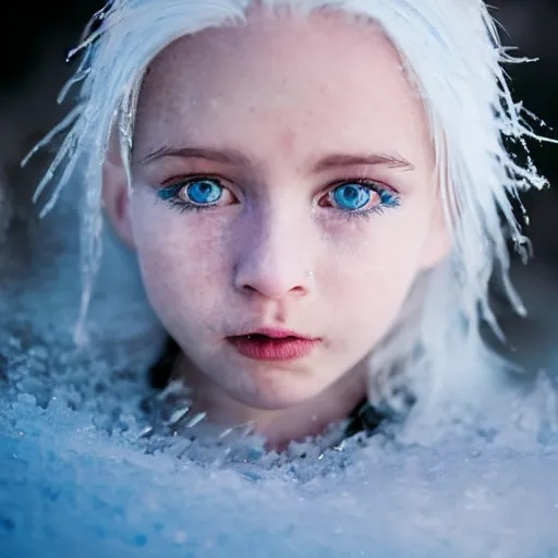 Image similar to ice dust around a frozen girl with white hair and blue eyes on the seashore