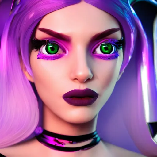 Image similar to still of pretty Morgana (LoL) in KDA music video. 3d render, octane render, game art, realistic, highly detailed, trending on artstation, 4k, trending on artstation, pixar, cgsociety, unreal engine 5, redshift render, trending on artstation, blender, behance, cg