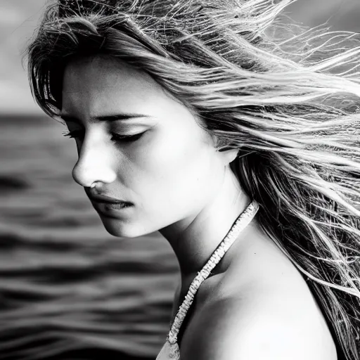 Image similar to A beautiful woman. beautiful face. melancholic. sad. in the middle of the ocean. detailed. photorealism. granular photography. tumultuous sea. cloudy. long wavy hair. long wavy white dress. black and white. 24mm lens. shutter speed 4/1. iso 100. f/2.8 W-1024