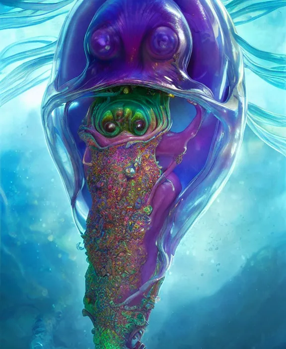 Prompt: colorful transparent portrait of a terrifying beautiful alien sea slug creature, mottled coloring, adorable, childlike, biopunk environment, ultra realistic, concept art, art nouveau, photorealistic, octane render, 8 k, unreal engine. art by christopher marley and artgerm and greg rutkowski and alphonse mucha