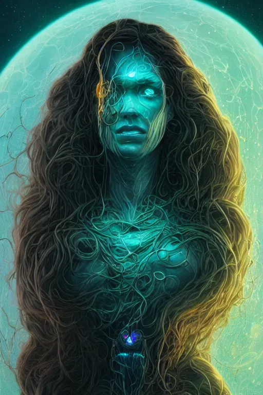 Prompt: beautiful possessed latin female android fused with lovecraft, cosmic entity, the thing, the blob, cable wires as hair ghostly, portrait, intricate details, by vincent di fate, artgerm, julie bell, beeple and Greg Rutkowski, 80s, concept, Smooth gradients, octane render, 8k, High contrast, duo tone, depth of field, very coherent symmetrical artwork