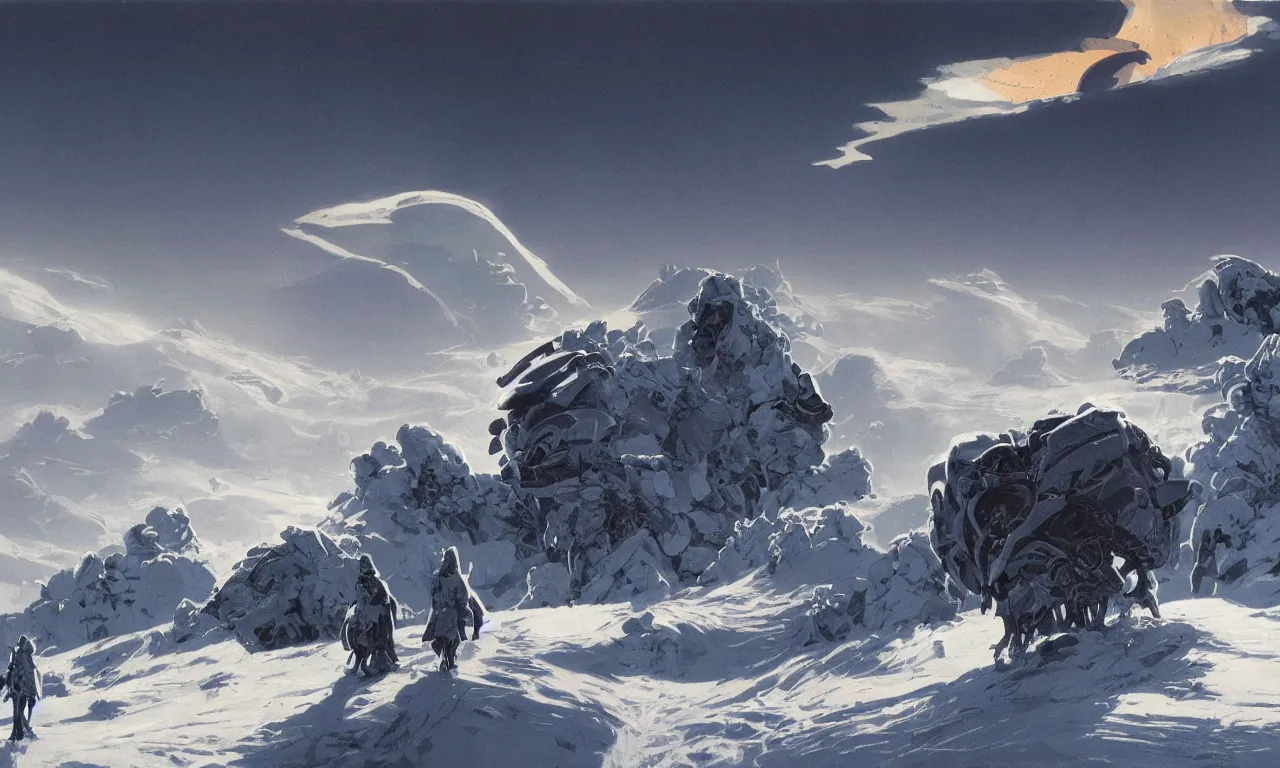 Image similar to frozen unexplored wasteland frontiers with clouds and fog on an alien science-fiction planet with distant mountains and snow by Syd Mead, Federico Pelat