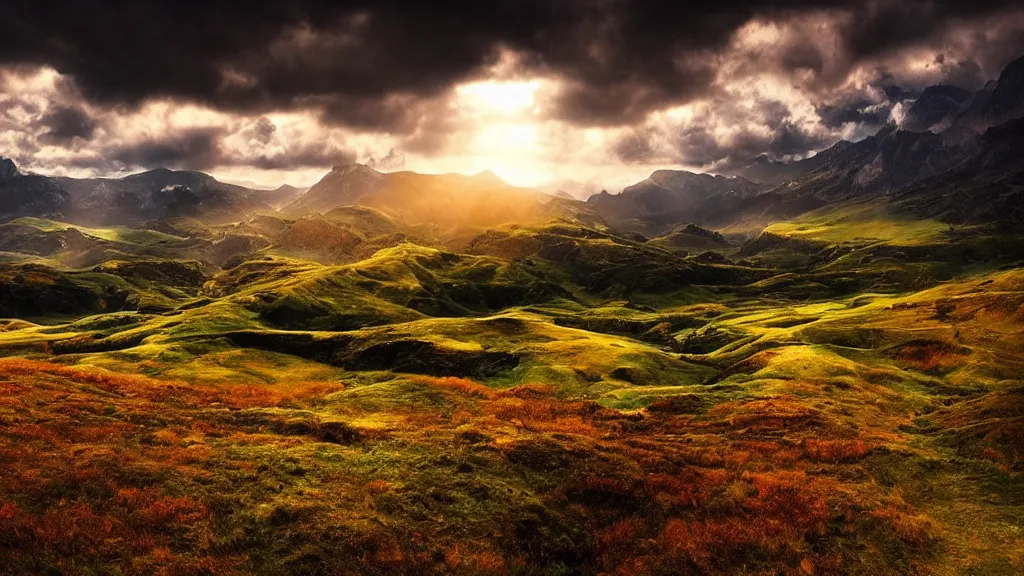Image similar to amazing landscape photo, beautiful dramatic lighting