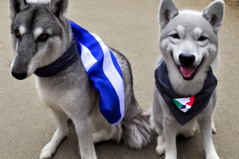 Image similar to A grey pegasus pony wearing a black and grey striped scarf sitting beside a shiba inu dog wearing a french flag bandana around their neck