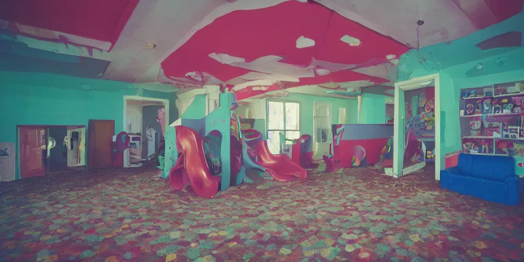 Image similar to a weird place, house, playground, office, pool, interior, room with eerie feeling, disposable colored camera, camera flash, unusual place, unsettling, kids place