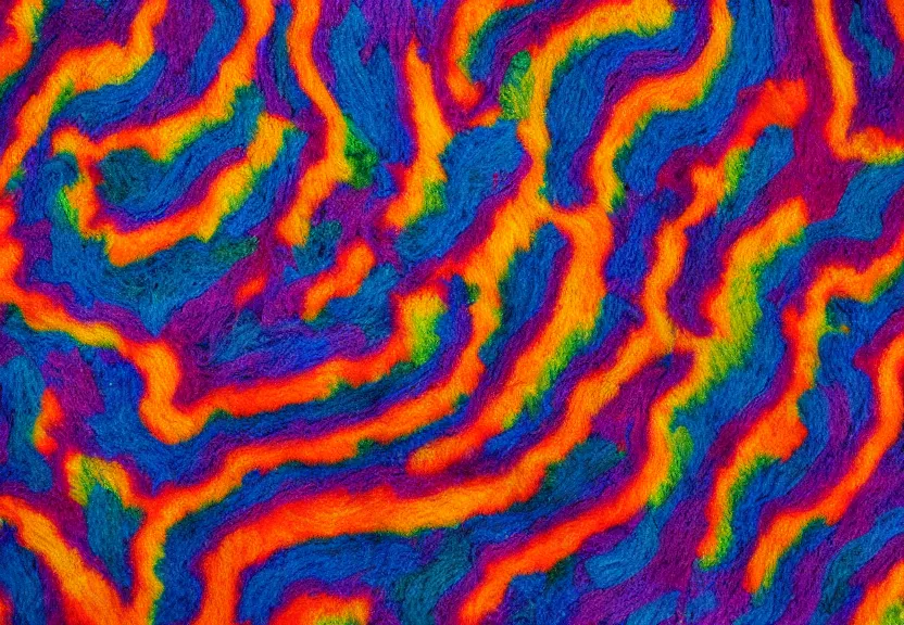 Prompt: Fibers of a colorful carpet from perspective of a fleece, National Geographic photography, hard morning sunlight