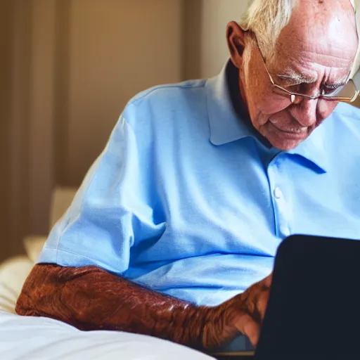 Prompt: elderly man sitting in a casket browsing internet on laptop from a casket casket