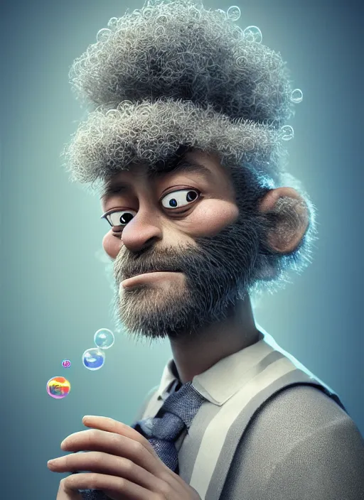 Prompt: an anthropomorphic beautiful male wizard portrait blowing bubbles wearing stripes robe, curly hair, fine art, award winning, intricate, elegant, sharp focus, octane render, hyperrealistic, cinematic lighting, highly detailed, digital painting, 8 k concept art, art by jamie hewlett and z. w. gu, masterpiece, trending on artstation, 8 k