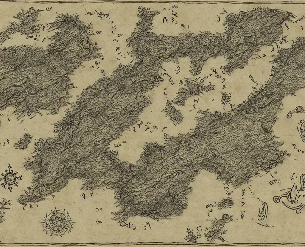 Prompt: ancient fantasy regional map, pencil, grass, mountains and oceans, on old parchment paper,