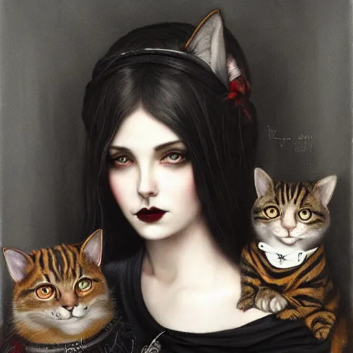 Prompt: a painting of a woman with a cat on her shoulder, a character portrait by tom bagshaw, featured on deviantart, gothic art, wiccan, lowbrow, goth