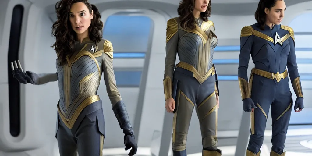 Image similar to Gal Gadot, in full starfleet uniform, is the captain of the starship Enterprise in the new Star Trek movie