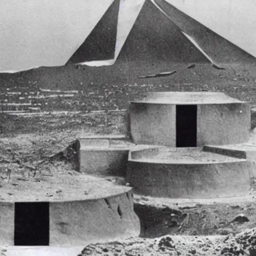 Prompt: photo of ancient alien buildings with non - euclidean geometry taken by the 1 9 3 3 miskatonic university expedition to antarctica