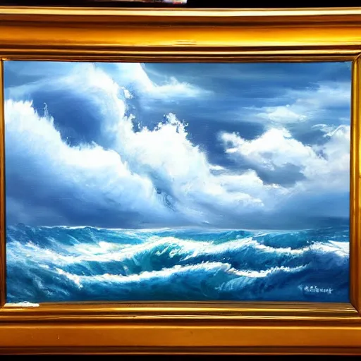 Prompt: a stormy ocean, cloud sky, oil painting