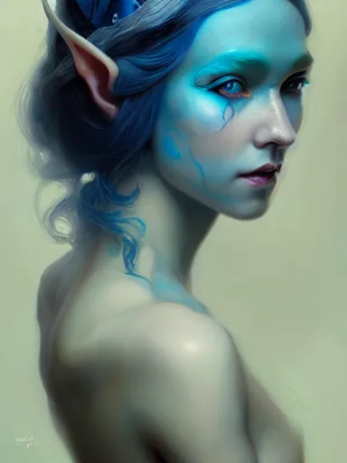 Image similar to the elven queen with blue skin by james jean, charlie bowater, tom bagshaw, nikolay makovsky : : enchanting, ethereal, magical, portrait, character design, illustration, hyperrealism, photorealism, digital art, concept art, fantasy, whimsy, weta, wlop, artstation