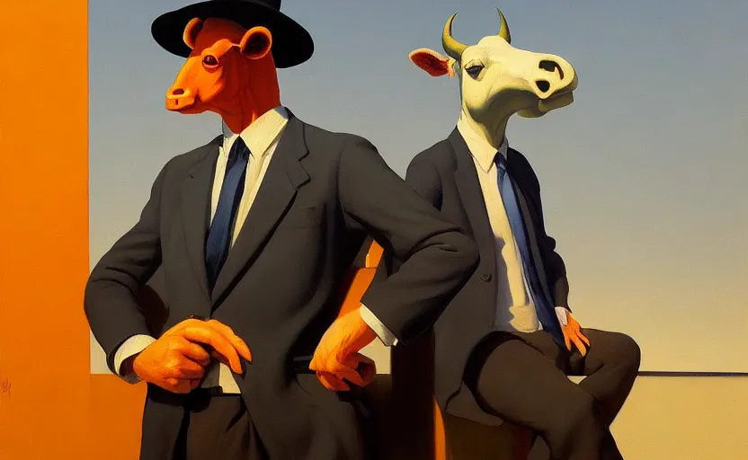 Image similar to Portrait of mr. Cow wearing a business suit , very coherent, painted by Edward Hopper, Wayne Barlowe, painted by James Gilleard, airbrush, art by JamesJean