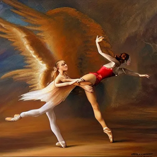 Image similar to a stunning oil painting of an angel ballerina facing off against a demon ballerina in an epic battle