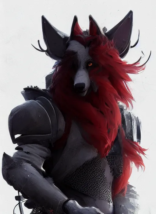 Image similar to handsome dark gray male anthropomorphic wolf fursona, long red hair wearing destiny 2 armor. character design by cory loftis, fenghua zhong, ryohei hase, ismail inceoglu and ruan jia. artstation, volumetric light, detailed, photorealistic, fantasy, rendered in octane