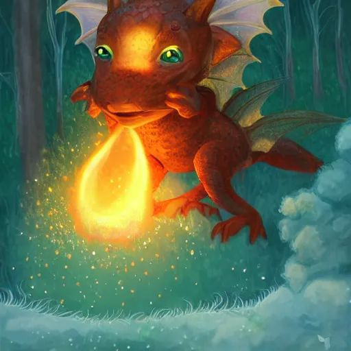 Image similar to image of a little cute dragon in a fantasy forest spitting honey instead of fire, digital art, trending on artstation